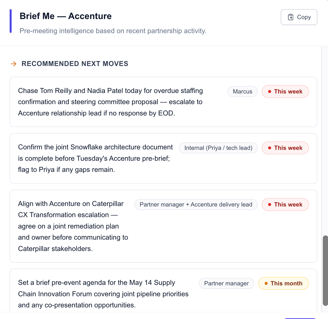Brief Me modal showing the Recommended Next Moves section — chase Tom Reilly and Nadia Patel for overdue commitments (this week), confirm joint Snowflake architecture document is complete (this week), align with Accenture on Caterpillar CX escalation (this week), set agenda for May 14 Supply Chain Innovation Forum (this month) — each tagged with owner and urgency