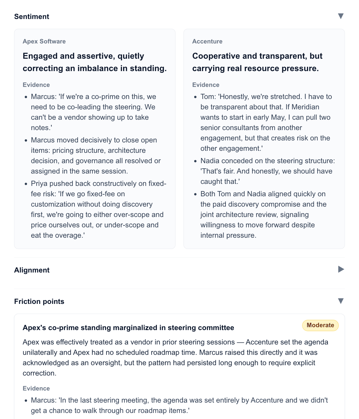 Read the Room AI analysis showing side-by-side sentiment for Apex Software and Accenture, with named evidence quotes from each side, plus a moderate-severity friction point on co-prime standing